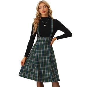 Plaid Overall Dress Tartan Midi Pinafore Suspender Skirt Green
